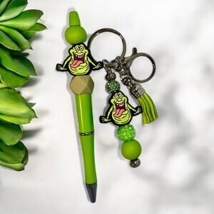 Slimer Handmade Beaded Ballpoint Pen & Matching Keychain